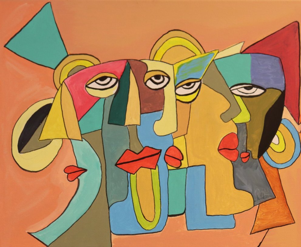 Níu nemendur voru í myndlistarsmiðjunni á vorönn 2022. Hér er eitt af akrílverkunum á nemendasýningu…